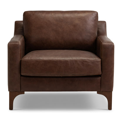 Poly & BARK Sorrento Leather Lounge Chair – Full-Grain Chocolate Brown Leather Upholstery with Feather-Blend Cushions – Modern Upholstered Accent Chair for Bedroom or Living Room – Lounge Seating