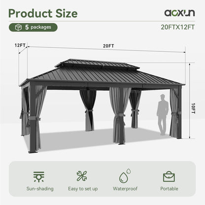 Aoxun 12' X 20' Hardtop Gazebo, Galvanized Steel Double Top, Metal Gazebo with Curtains and Netting, Permanent Canopy Pavilion for Wedding, Party, Outdoor Dining
