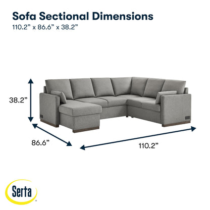 Serta® Emmett 110.2" Convertible Sleeper Sectional, Queen Size, Dreamcoil® Comfort, Reversible Storage Chaise, USB-C and USB-A Power Ports, Woven Fabric, Light Grey