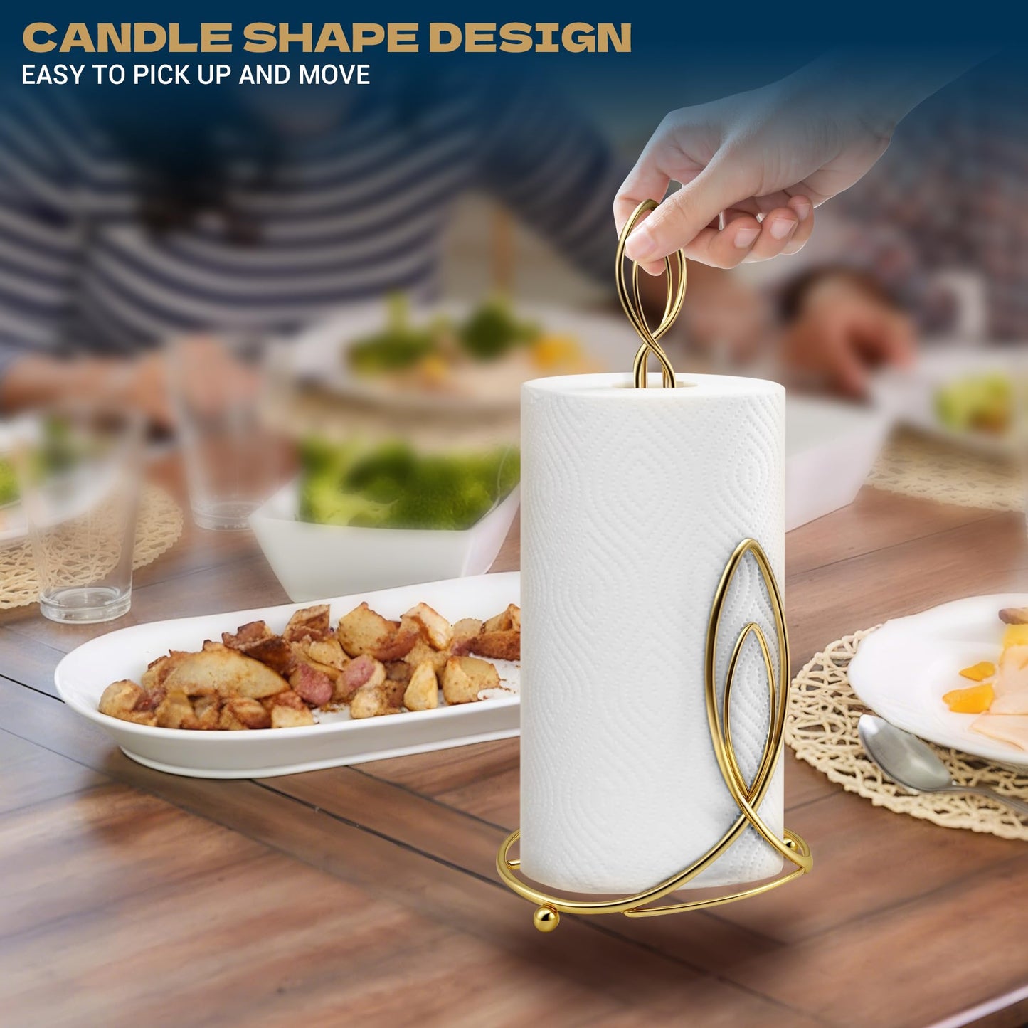 Megier Candle Shaped Paper Towel Holder, Countertop-Decorative Farmhouse Tissue Paper roll Holder, Rustic Metal Modern Stand for Kitchen Bathroom Rest Room (Brass)