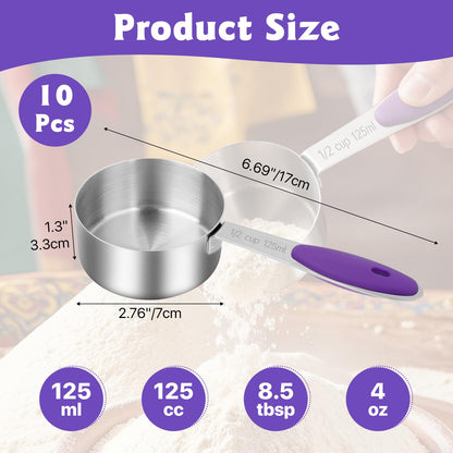10 Pcs 1/2 Measuring Cup, 4 Oz Stainless Steel Scoop with Silicone Handle, Metal Mini Measuring Scoops Kitchen Gadgets for Cooking Baking,Coffee Bean Pet Food,Ingredients,Purple