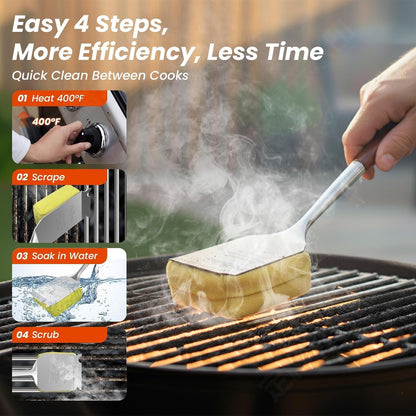 Grill Brush for Outdoor Grill, Bristle Free Grill Brush with Scraper, Safe Steam Grill Cleaner for BBQ &Griddle, Long Rosewood Handle Reaches Corners, for Porcelain, Cast Iron & Stainless Steel Grates