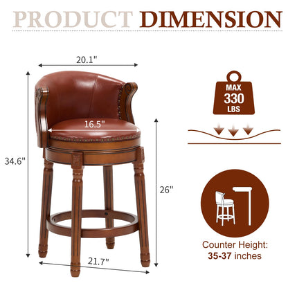 CozyRain Bar Stools Rubber Wood Counter Height Bar Stool Leather Upholstered Swivel Barstools with Back & Footrest for Home,Kitchen,Counter,Dining Room (Brown, Seat Height 26 in)