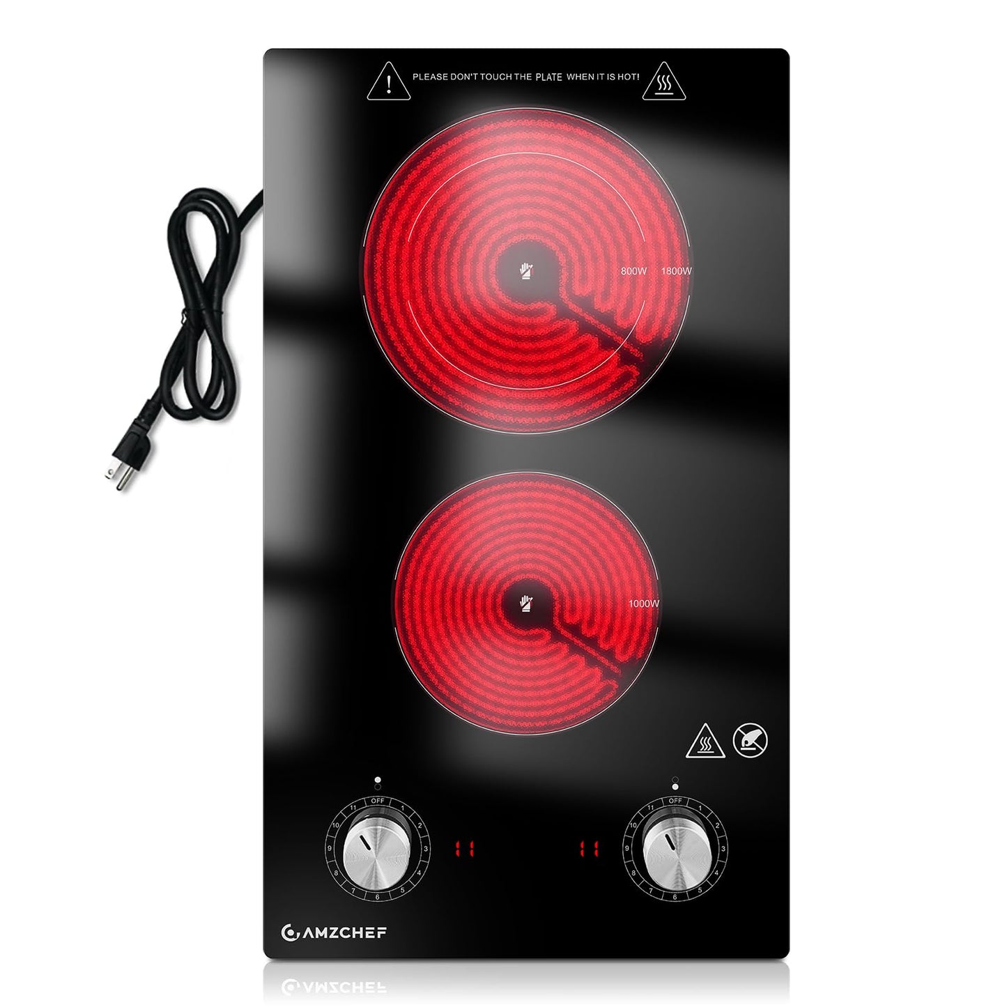AMZCHEF 12Inch 2 Burner Electric Cooktop, 1800W/11Levels 2 Burners Stove Top With Knob Control Countertop & Built-in Radiant Electric Stove with Residual Heat Indicator