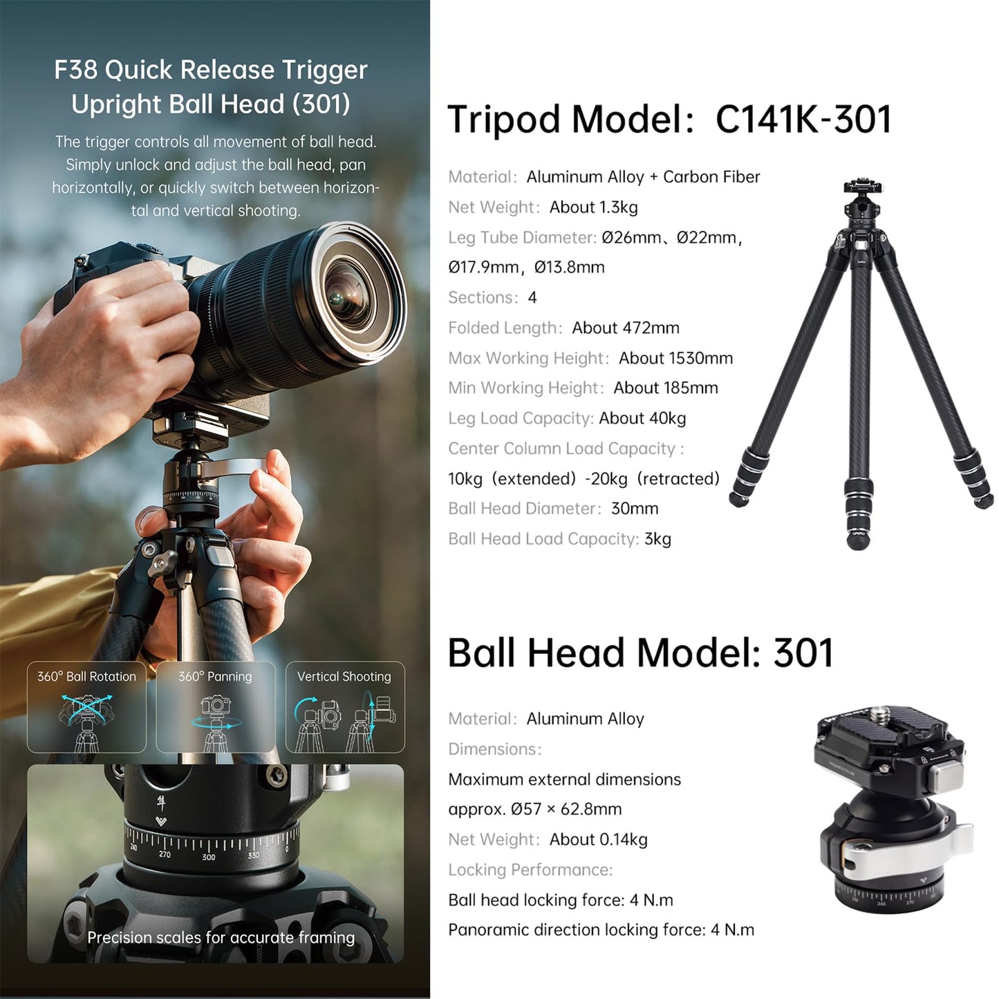 FALCAM TreeRoot F38 Quick Lock Lite Carbon Fiber Travel Tripod with Ball Head Load Capacity 3kg/6.6lbs, Max Vertical Payload 40Kg/88lbs for Cameras, All-Terrain Stability (C141K-301)