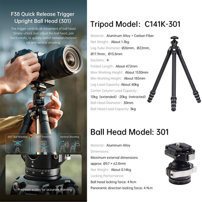 FALCAM TreeRoot F38 Quick Lock Lite Carbon Fiber Travel Tripod with Ball Head Load Capacity 3kg/6.6lbs, Max Vertical Payload 40Kg/88lbs for Cameras, All-Terrain Stability (C141K-301)