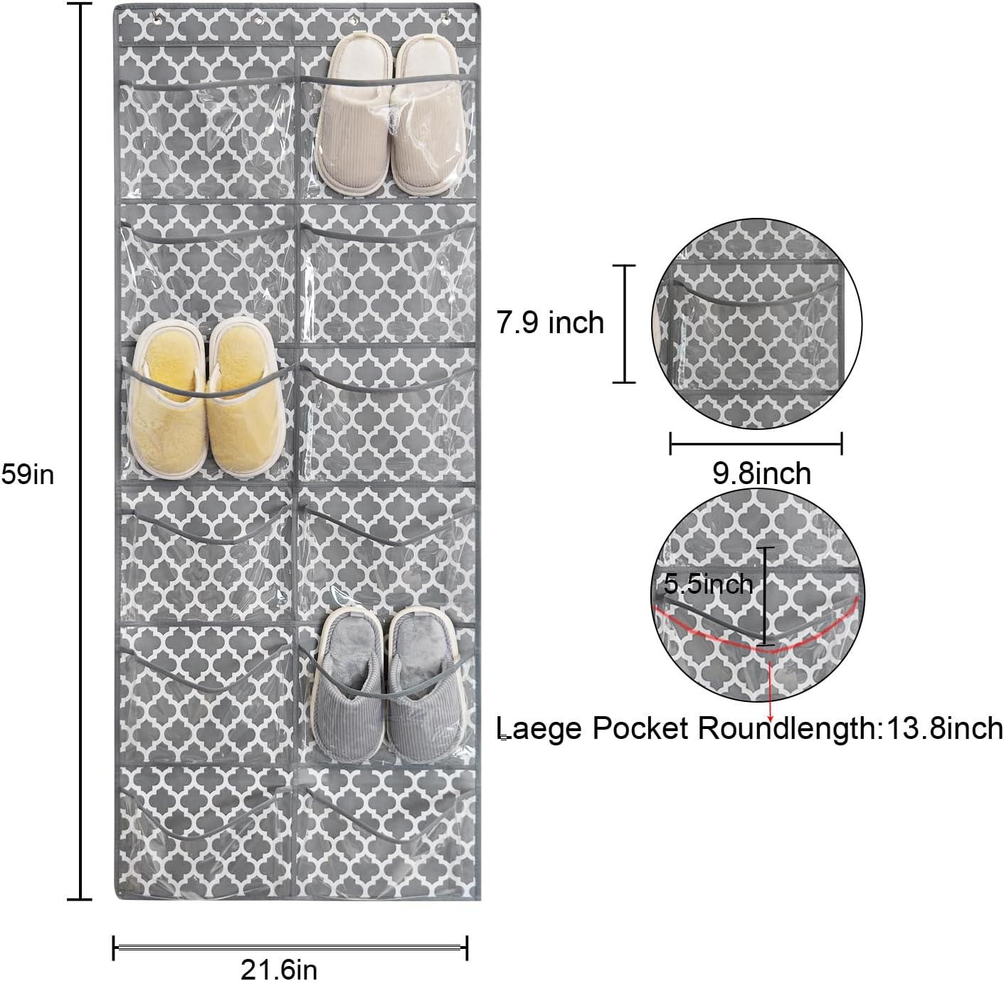Clear Crystal 2 Pack 12 Pockets Large Hanging Shoe Organizer Over The Door Rack for Closet Door Storage, 8 Hooks, White