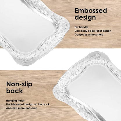 10 Pcs Plastic Serving Trays Rectangle Platters for Dessert Display Tray for Decoration Embossed Serving Platter Dish for Parties, Weddings, Engagements, Birthdays (13" x 9",Silver)