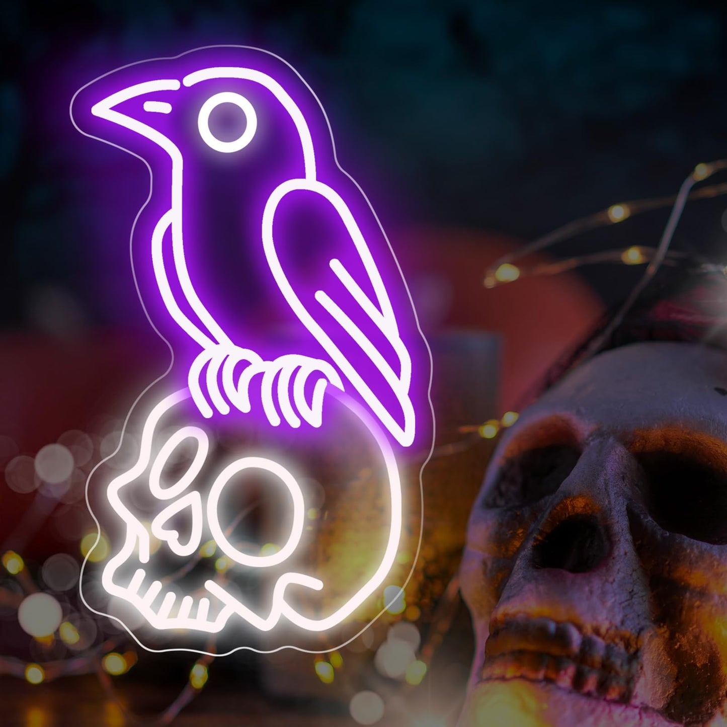 Raven on Skull Neon Sign, Purple Crow Cold White Skeleton LED Wall Light for Gothic Room, Halloween Decor, Man Cave, Dark Aesthetic Gift, Witchy Space 16.7" x 10.1"