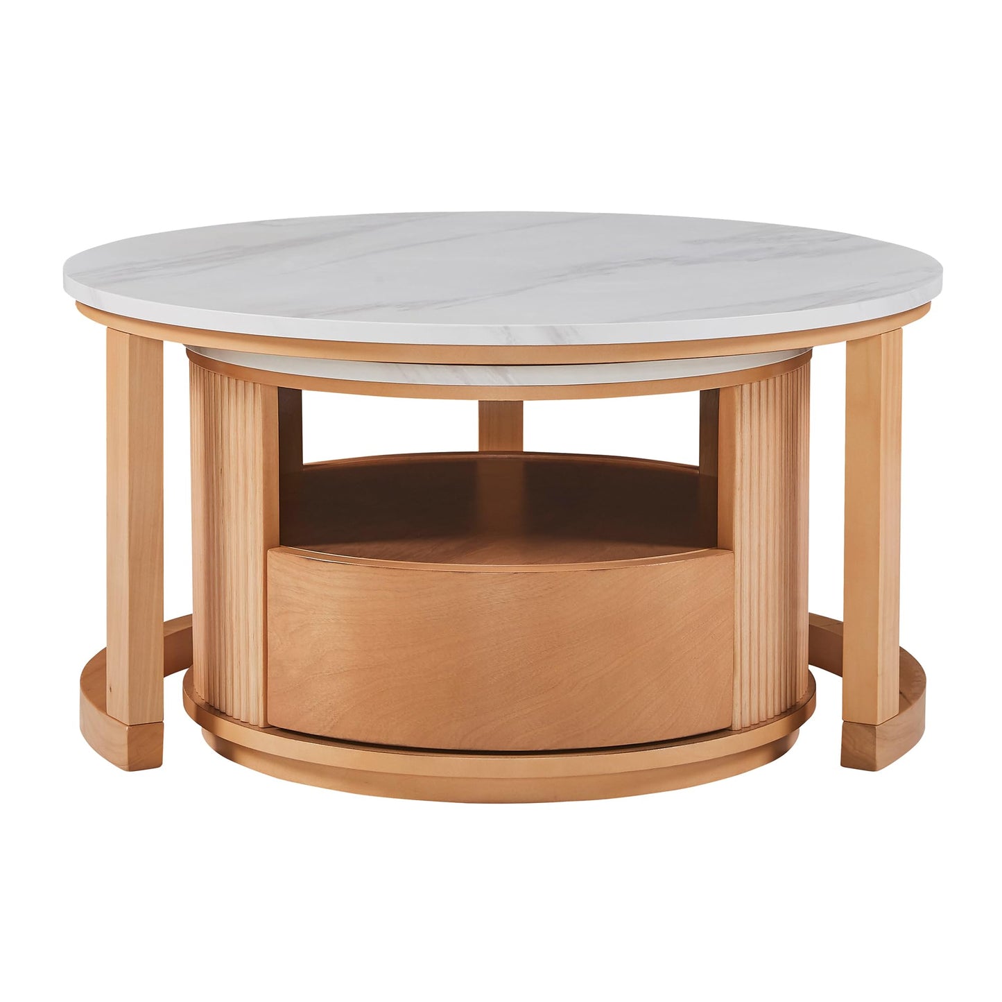 Merax 28.5" Round Nesting Coffee Table Set, Elegant Luxurious White Marble Top, Wood Finish, 2-Tier Storage and 1 Drawer for Living Room Apartment, Natural