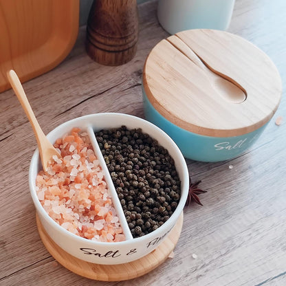 Ceramic Salt and Pepper Bowls with Bamboo Lid, Farmhouse Salt Box Holder Set for Countertop Modern Kitchen Decor