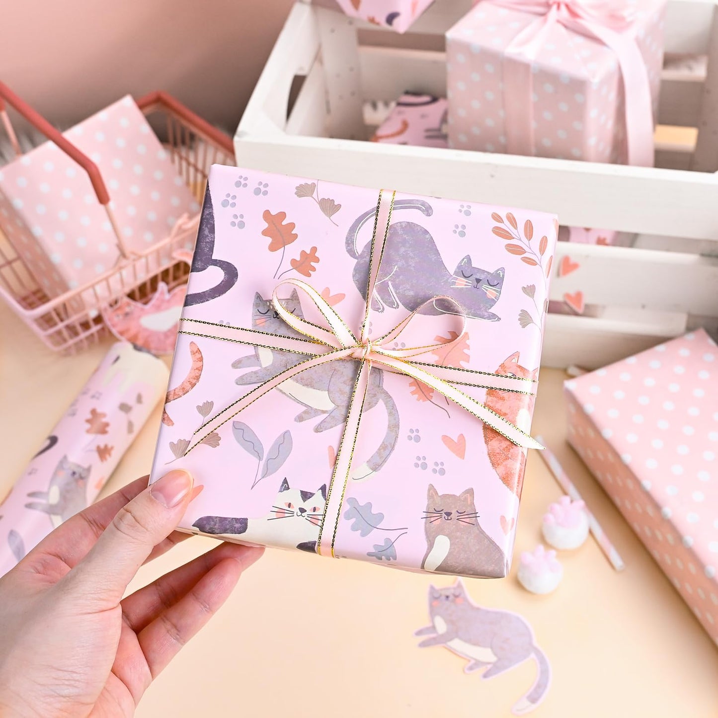 Burymento Reversible Cat Design Wrapping Paper Roll - Pink and white polka dot design on the other side, suitable for Valentine's Day, Birthday, Mother's Day, Wedding, Baby Shower