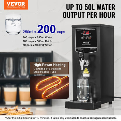 VEVOR Commercial Water Boiler, 10L Electric Hot Water Dispenser with 316 Stainless Steel Heating Tube, 1500W Step-by-step Fast Heating 50L/H Hot Water Boiler, for Coffee Tea Restaurant Office