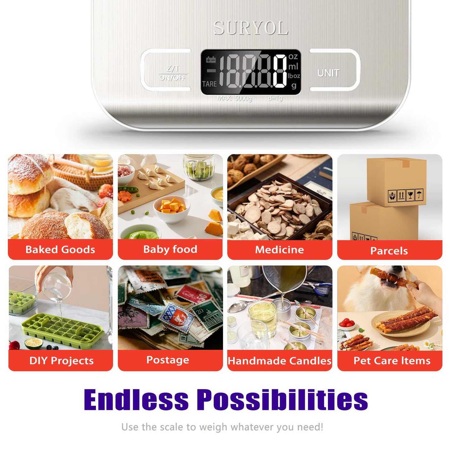 SURYOL Food Kitchen Scale High-Precision Digital Scale Accurate Weighing for Baking & Cooking Enthusiasts (Silvery & Black)