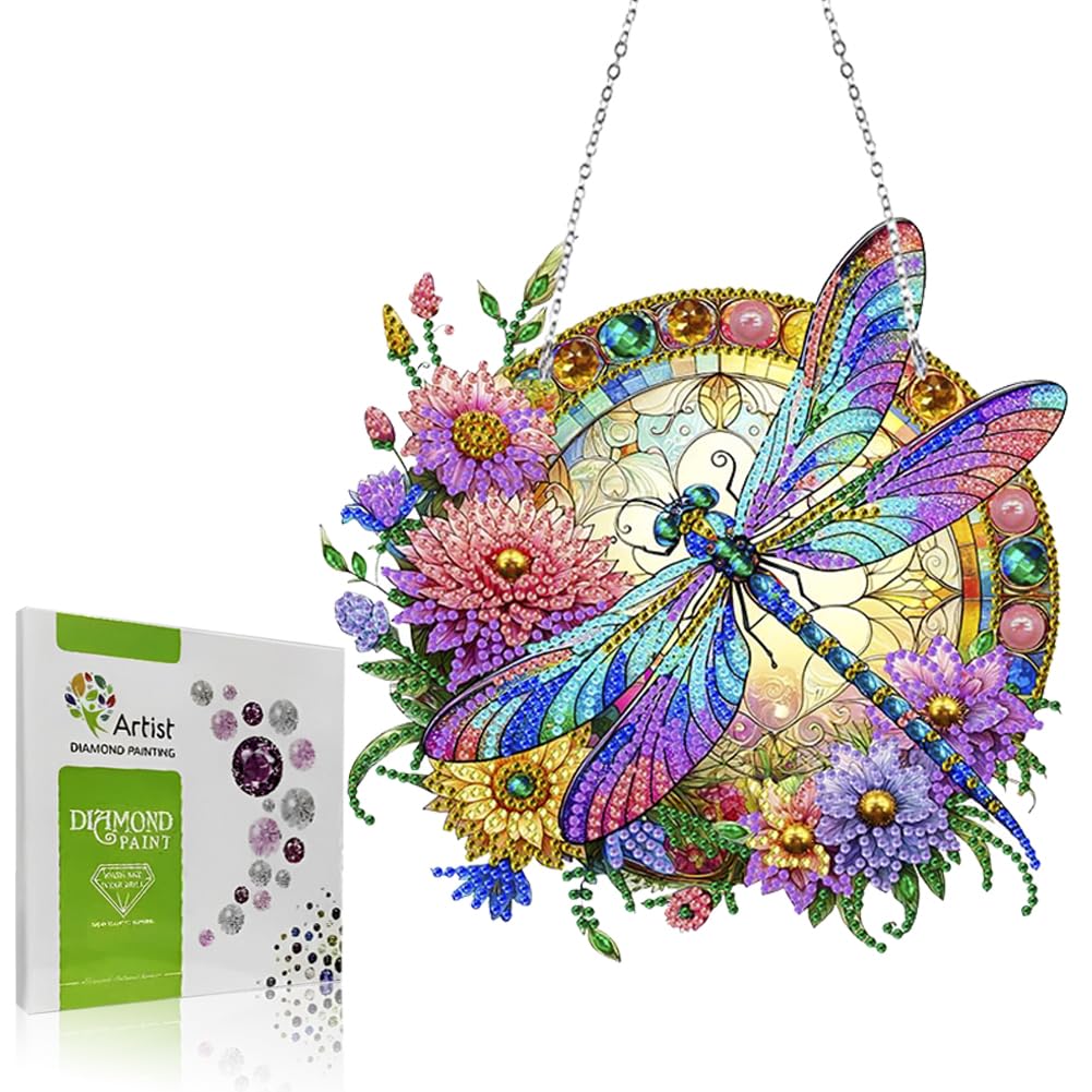 Koikify Diamond Painting Hanging Pendant Kit for Adults, Flower & Dragonfly Diamond Art Window Hanging Ornament with Double-Sided Pattern, Indoor Home Decoration and Gift