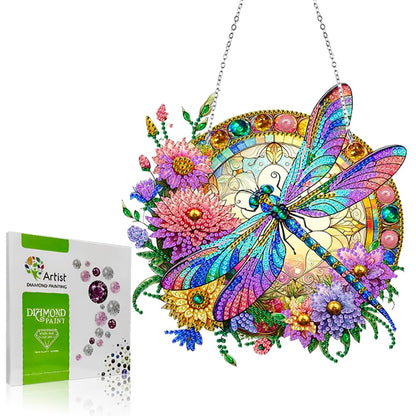 Koikify Diamond Painting Hanging Pendant Kit for Adults, Flower & Dragonfly Diamond Art Window Hanging Ornament with Double-Sided Pattern, Indoor Home Decoration and Gift