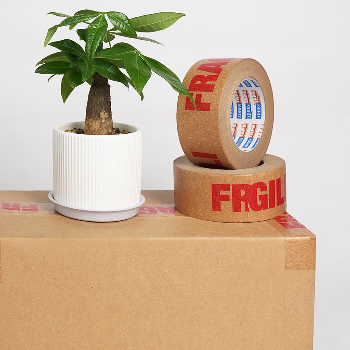 ADHES Fragile Tape, Biodegradable Kraft Paper Tape - 2in x 55yds, 3 Rolls, Strong Adhesive, Eco-Friendly Paper Packing Tape for Shipping & Moving, Heavy Duty Protection for Fragile Items