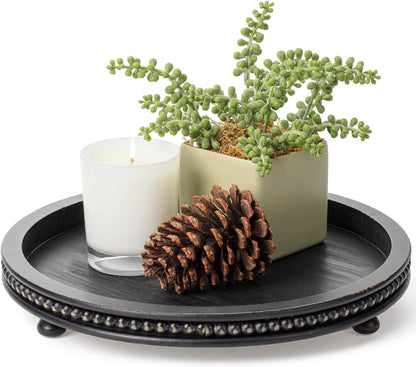 12", Bamboo Land- Round Decorative Trays for Coffee Table, Black, Wood Tripod & Beaded Design, Wooden Round Tray