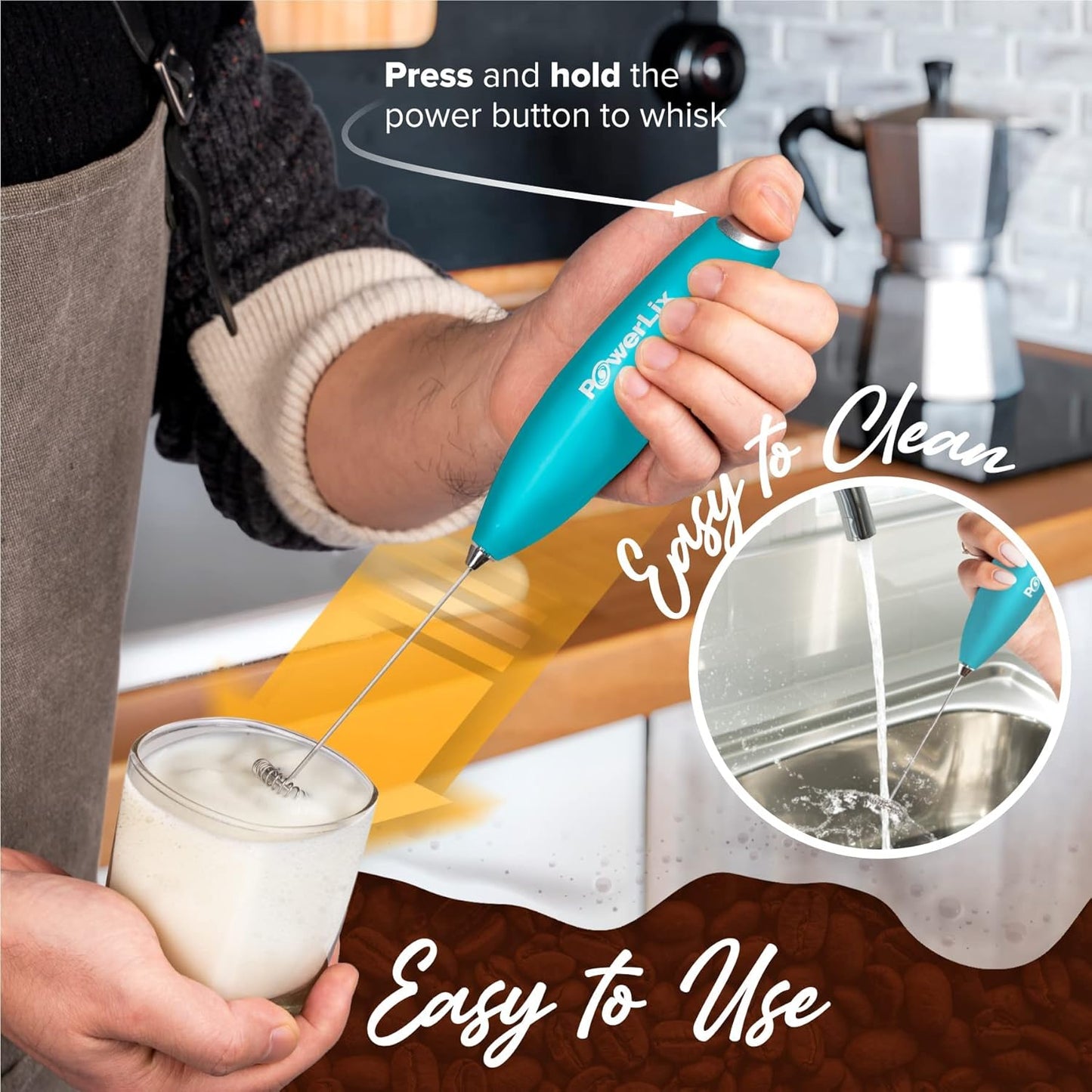 PowerLix Handheld Milk Frother, Battery Operated Electric Whisk Beater for Coffee, Latte, Cappuccino, Includes