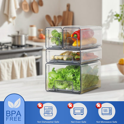 Bronkeeper Pull Out Clear Fridge Organizer Drawers with Drainer, Refrigerator Stackable Storage Bins for Kitchen Fruit & Veggie Organization (Complete Set)
