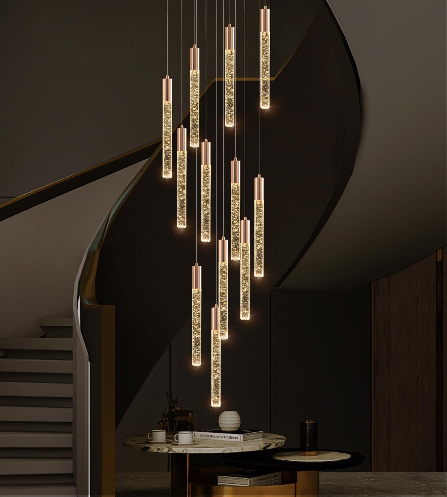 Upfelw Modern High Ceiling Crystal Chandelier 12-Lights, Large Spiral LED Raindrop Foyer Pendant Lighting, Bubble Staircase Living Room Hanging Light Fixture Flush Mount Gold