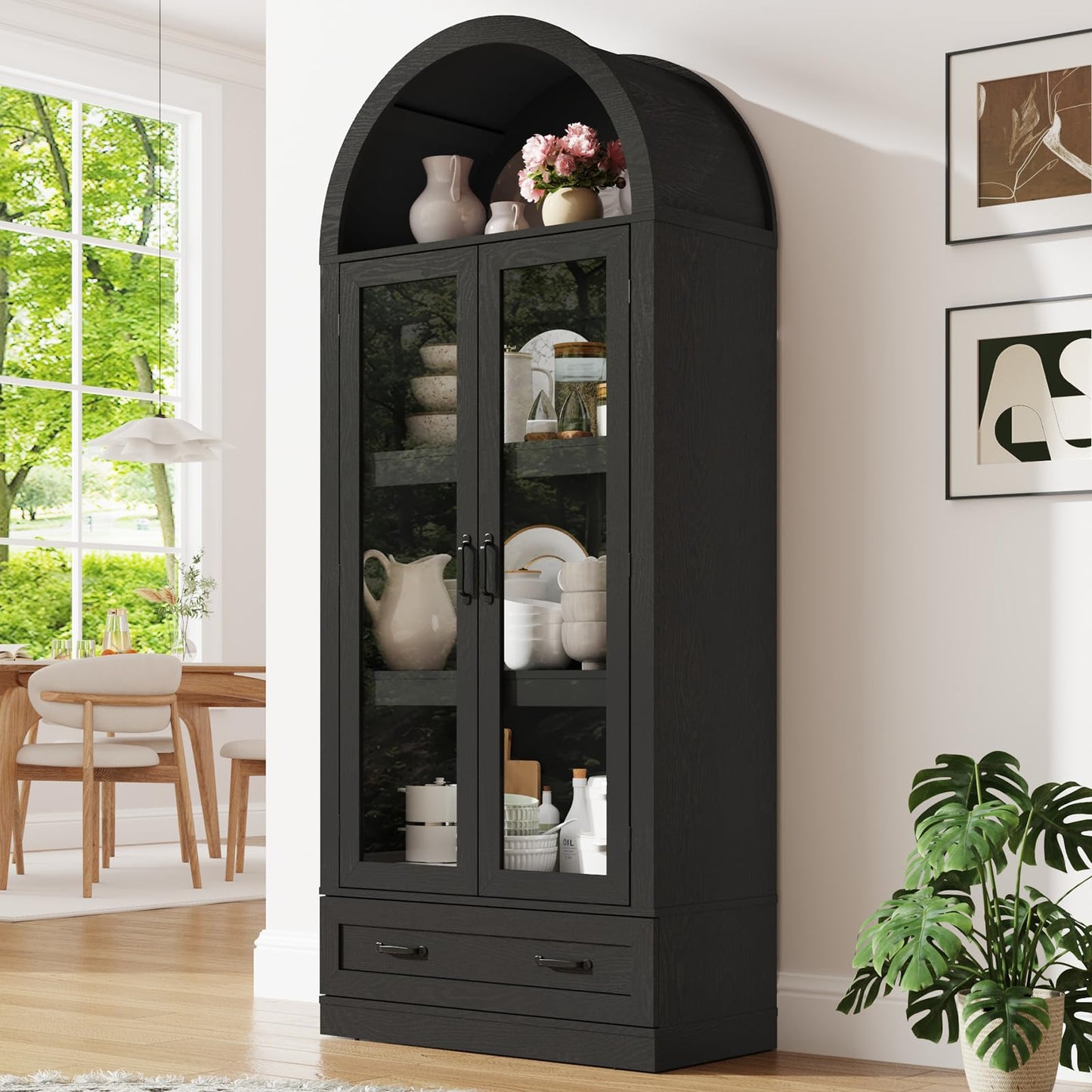 75" Tall Arched Kitchen Pantry Cabinet w Load-Bearing Steel Pipe,Modern Farmhouse Kitchens Storage Cabinet with Drawer and Glass Doors,Tall Arched Bookcase,Pantry Organizer(Woodgrain Black)