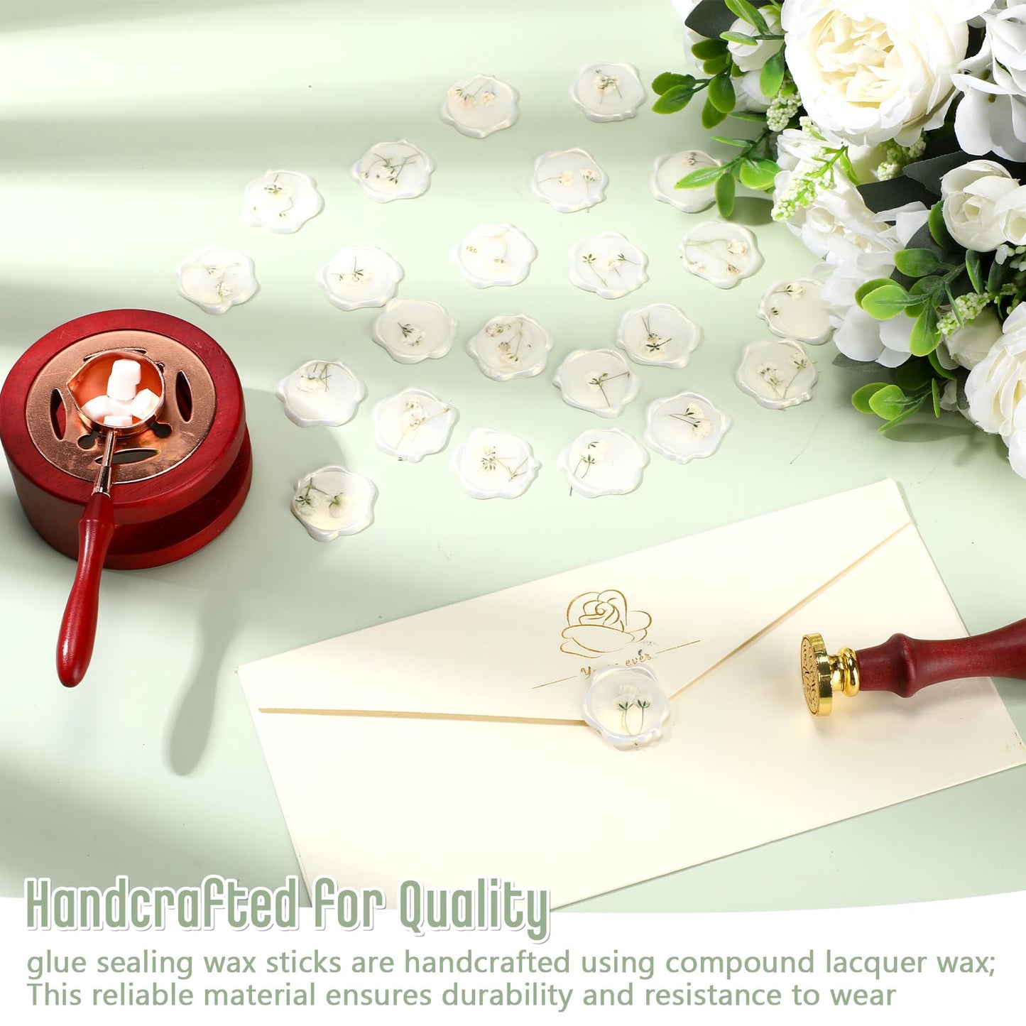 Qilery 50 Pcs Wax Seal Stickers Babys Breath Dried Floral Envelopes Seals Stickers Bulk for Wedding Invitation Bridal Shower Birthday Party Letter Greeting Cards Gift Wrapping, Self Adhesive (White)