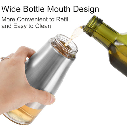 Tebery 2 Pack Silver Olive Oil and Vinegar Dispenser Set, 10OZ Oil Dispenser Cruet with Easy & Drip Free Pouring, Elegant Stainless Steel with Glass Bottom