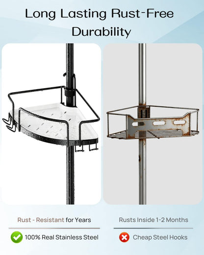 ALLZONE Corner Shower Caddy Tension Pole, 4 Hang-On Basket with Mixed-Height Shelves for Various Bottle Sizes, Extra Hooks & Soap Holder, Rustproof Stainless Steel, Fits 34–116 Inch, Silver