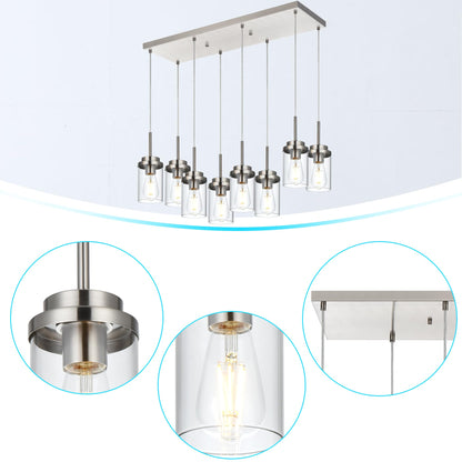 BONLICHT 8 Light Farmhouse Chandelier for Dining Room, Modern Industrial Foyer Linear Pendant Light Traditional Brushed Nickel Kitchen Island Lighting Fixture Hanging Ceiling Lights with Clear Glass