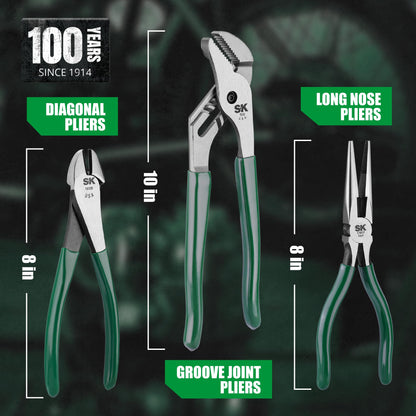 SK Tools USA 3 Piece Water Pump Pliers Set: Diagonal Cutting, Long Nose Cutting, Tongue & Groove | 17840