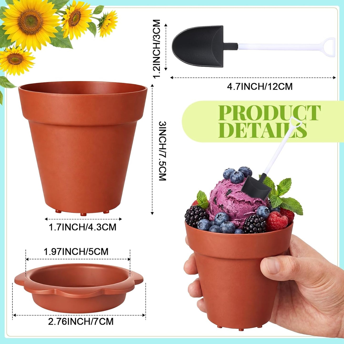24 Pack Patelai Flower Pot Dessert Cups with Shovel Spoons Plastic Cake Desserts Cups for Farmers Market Construction