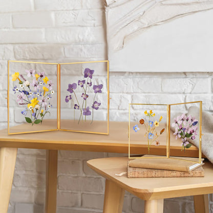 REDHUGO Glass Pressed Flower Frame Handmade, Hinged Double Press Flower Frame, Tabletop Brass Photo Frames, Rectangle Dried Flowers Display Folding Frames for Home, Gold,4×6 Inches