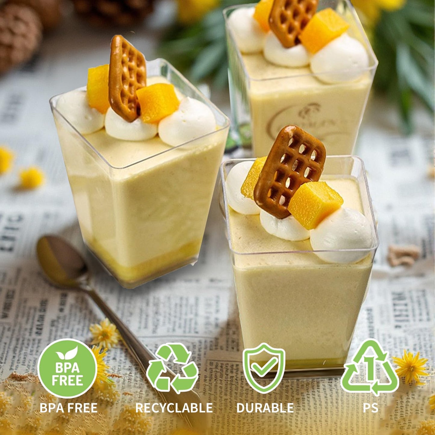 XCRUI 100Pack 5oz Dessert Cups with Lids and Spoons,Plastic Parfait Appetizer Cup,Disposable Plastic Cups, Great for Desserts, Appetizers, Puddings, Mousse
