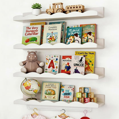 16.5 Inch Set 4, Fixwal Nursery Shelves, Floating Bookshelves for Wall of Scalloped Wall Book Shelves with Towel Rack