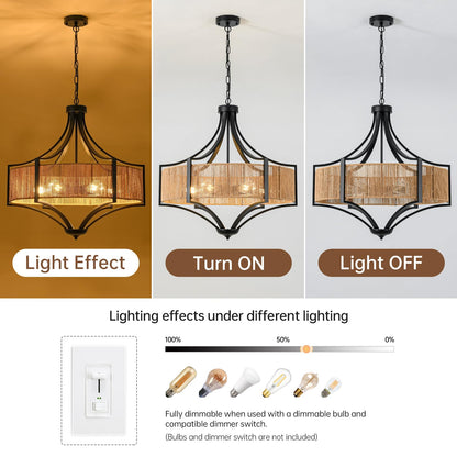 25.6" Rattan Farmhouse Chandelier Teardrop Light Fixtures, 6-Light Rustic Rattan Pendant Lighting with Straight Woven Shade Boho Black Hanging Light for Dining Room Living Room Kitchen Island Bedroom