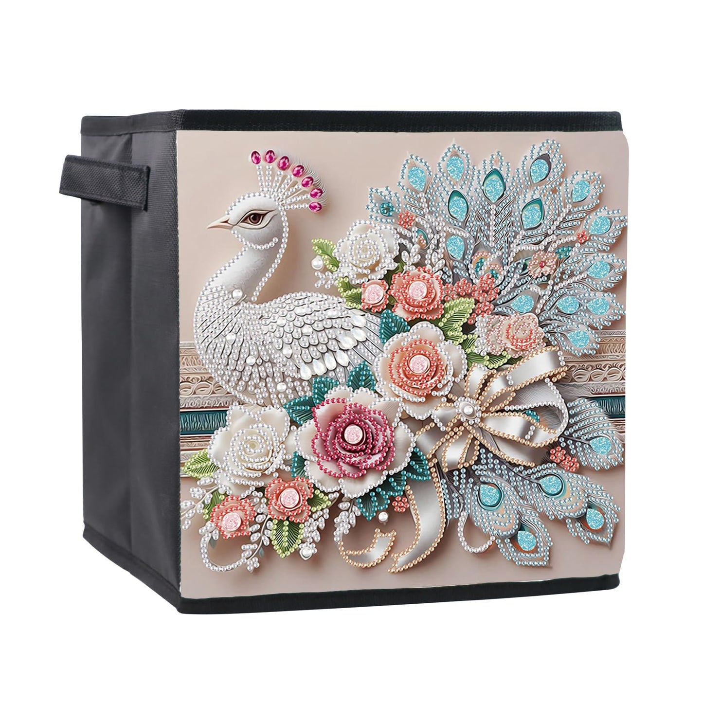 Diamond Painting Storage basket Kits for Adults,White Peacock Pattern of Special Shape Diamond Art Storage Basket,Book Clothing storage bag for Home Creative Decorate Gifts