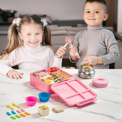 JSLOVE Bento Lunch Box with Leak Proof Thermos Food Jar for Kids, Food Lunch Containers for Girls with 4 Compartments, BPA-Free with Utensils, Food Picks, Sauce Jar & Silicone Lunch Box Dividers