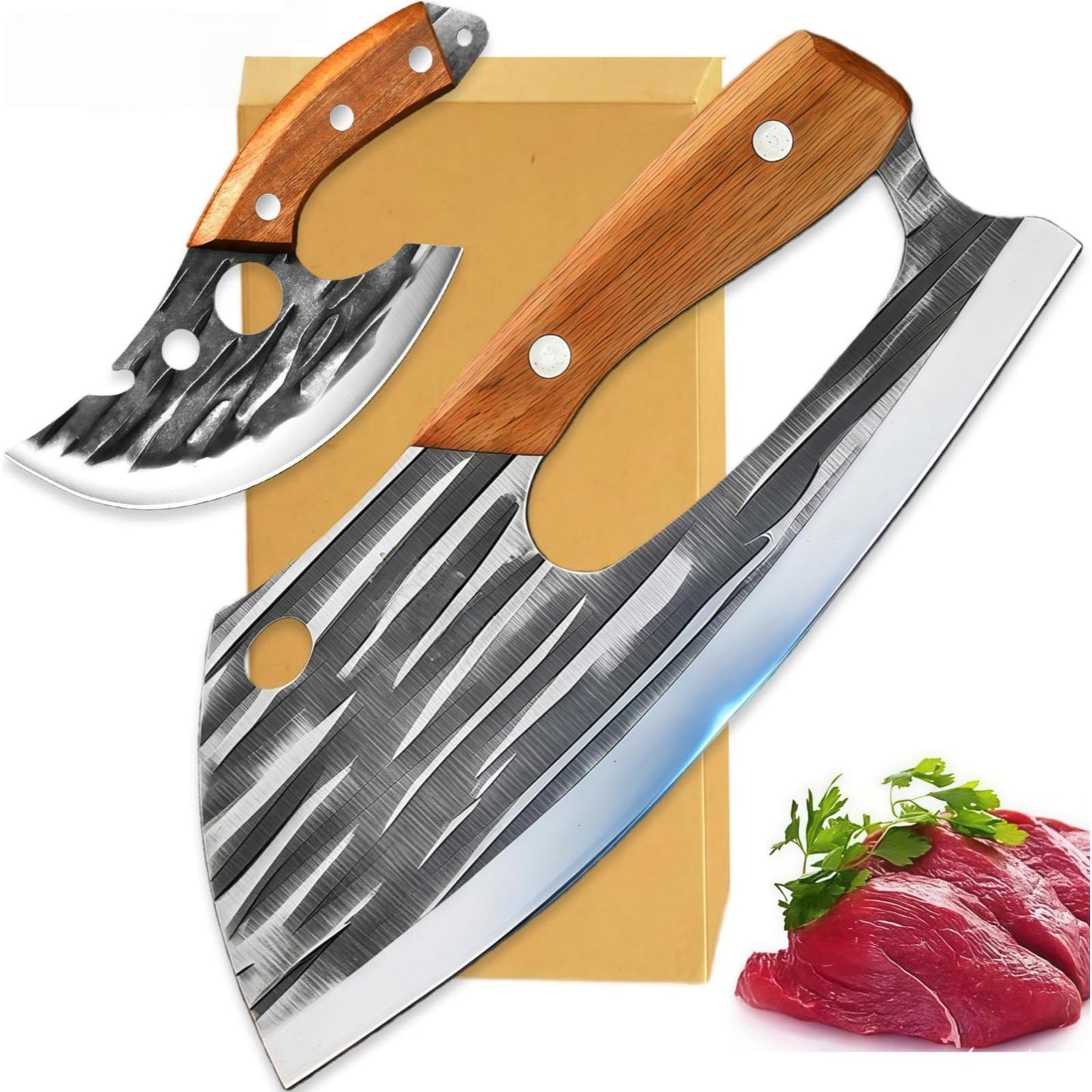 Wruhamd 2 Pcs Meat Cleaver Knife Set, Effort Saving Meat Cleaver for Cutting Meat Vegetable, Sharp Carbon Steel Cooking Viking Knife with Leather Sheath for Kitchen, Camping, Outdoor Cooking, BBQ Gift