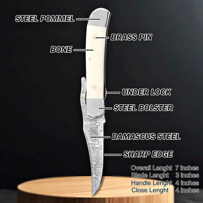 BE BREAK EDGE Handmade Damascus Steel Russlock Folding Knife with Yellow Striped Handle and Leather Sheath