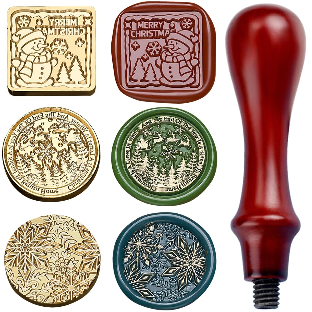 3D Vintage Christmas Wax Seal Stamp Kit - Snowflake Snowman Xmas Tree Elk Designs with 3 Copper Brass Heads and 1 Wooden Handle for Envelope & Gift Wraps