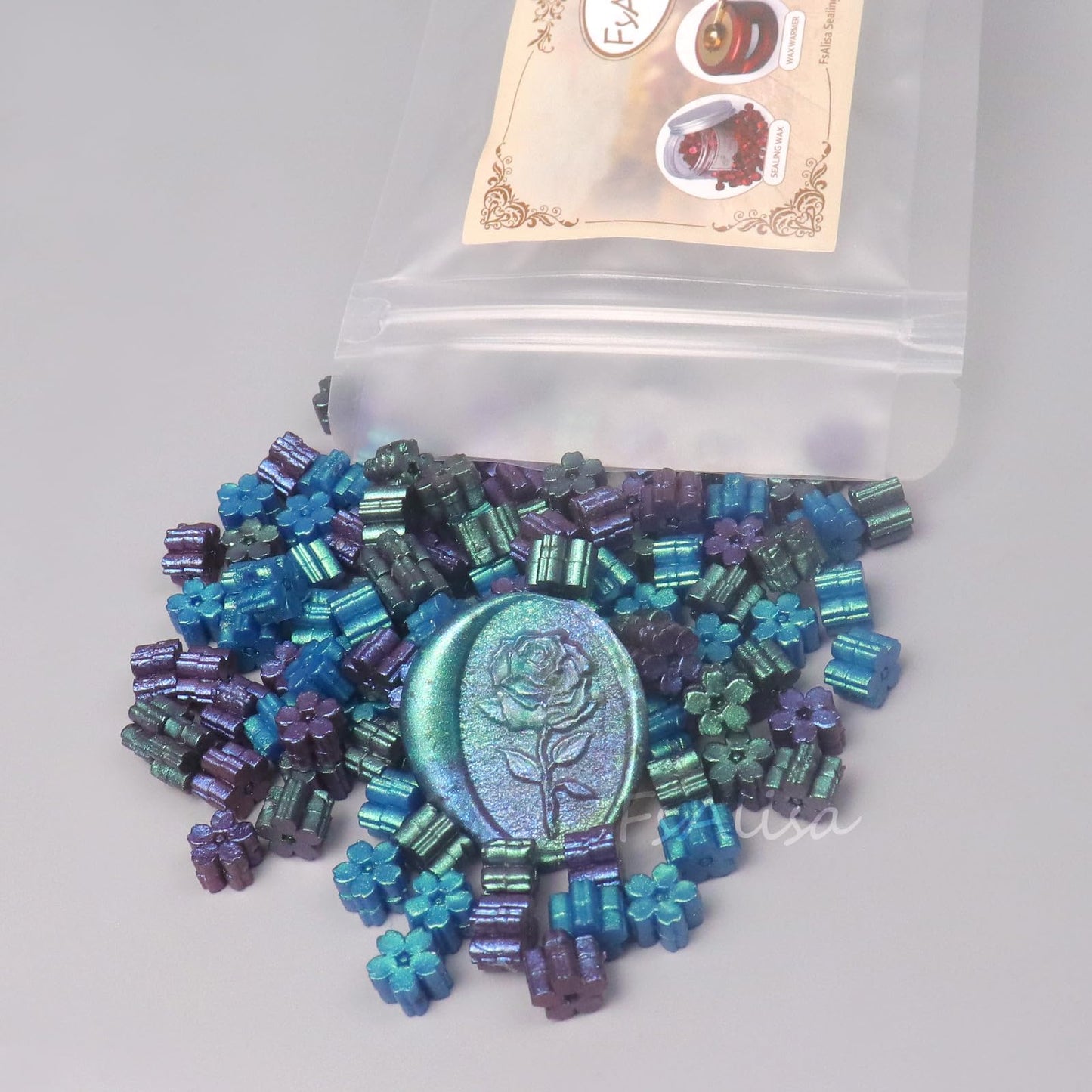 Fsalisa Sealing Wax Beads Cherry Blossom 115pcs for Stamp Sealing, Christmas Cards, Envelopes, Wedding Invitations, Wine Packages, Gift Wrapping (Peacock Blue)
