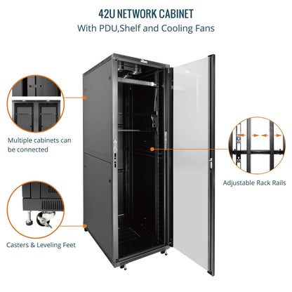 Tecmojo 42U Server Rack Network Cabinet 39.4" D x 23.6" W, Locking Data Cabinet Enclosure for 19" Server, Networking, AV & IT Equipment, Glass Door, Black