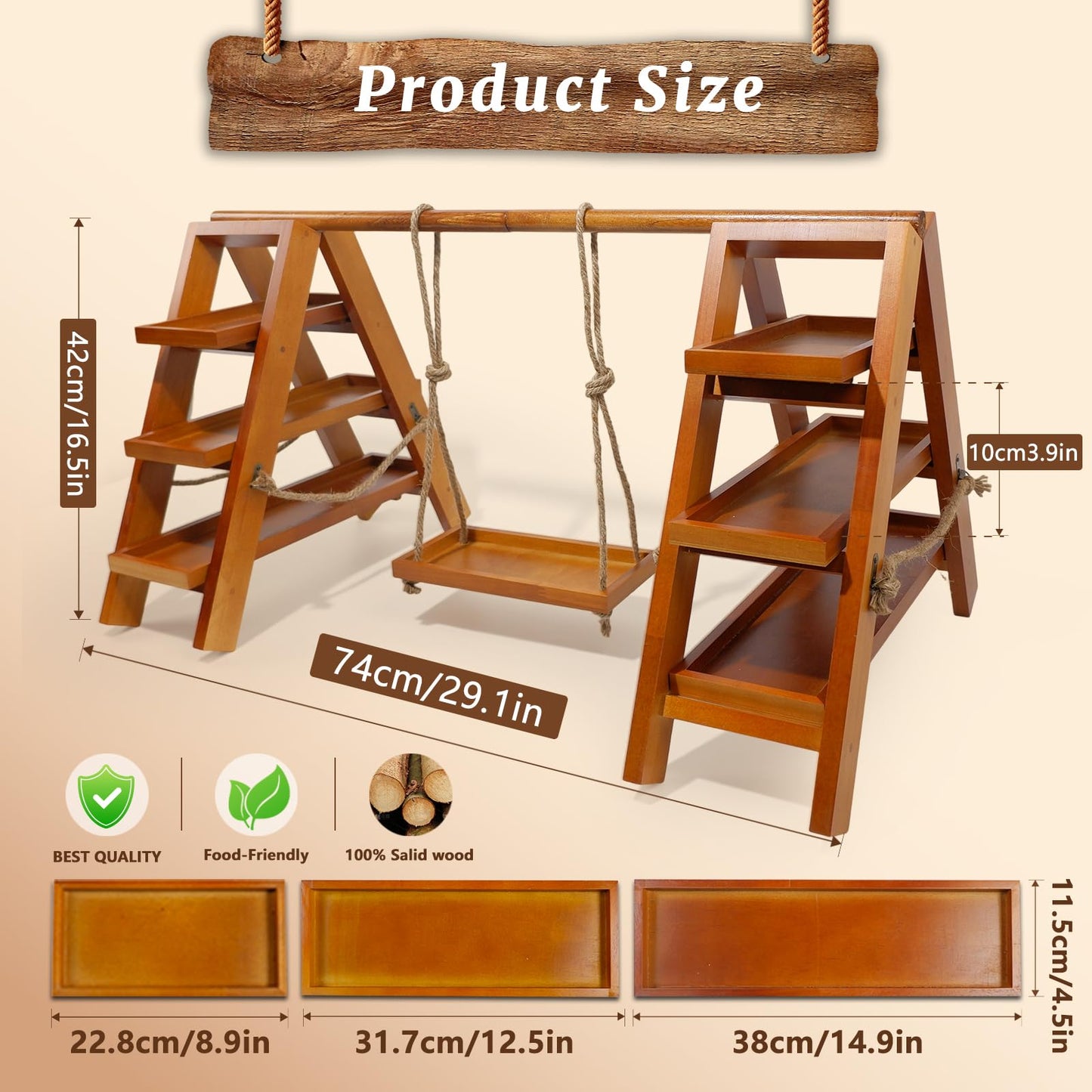 Tnstbiee 3 Tier Cupcake Stand - Wooden Display Stand for Desserts, Fruits, Nuts, Cheese - Removable Trays and Foldable Stand - Perfect for Parties and Events - Rustic and Unique Wooden Serving Tray