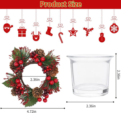 Regine Switzerland Candle Rings Set of 4 - Festive Wreaths with Red Berries & Pinecones for Holiday Decor
