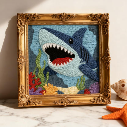 INFUNLY Blue Shark Punch Needle Kit 9.4x9.4 inches Punch Needle Embroidery Kits Ocean Animal DIY Needles Stitching Kits for Beginners with Instruction Yarns Christmas Birthday Hanging Decor