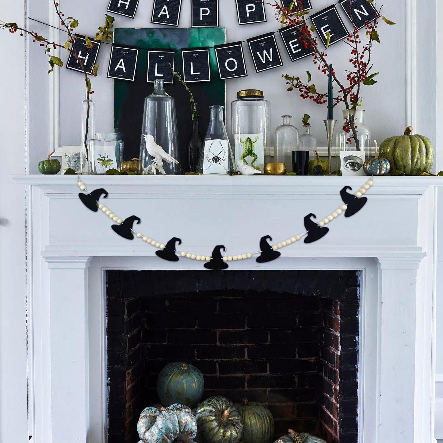 2Pcs Halloween Decoration Garland, Black Bat with Skeleton and Witch Hat Felt Banner White Wood Beads Banner for Halloween Haunted Houses Decor Wall Fireplace Mantle Shelf Rustic Beads, 69"