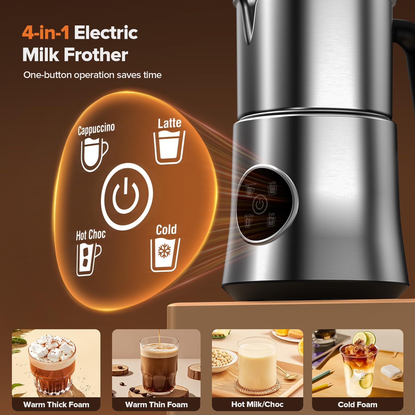 Milk Frother and Steamer, Large Capacity & Detachable Electric Milk Frother, Automatic Warm and Cold Foam Maker, Hot Chocolate Maker, Stainless Steel Jug, 30.44Oz./900ML