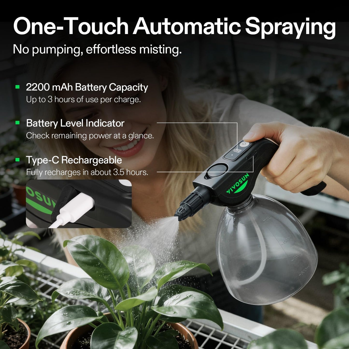 VIVOSUN Battery Powered Sprayer 0.5Gallon, Electric Spray Bottle USB Rechargeable, Automatic Water Pump Plant Mister with Adjustable Pressure, Easy to Refill, 2.2 Ah Battery