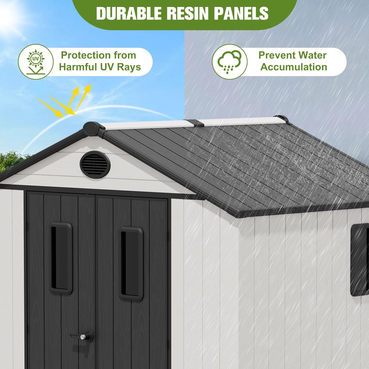 COOS BAY 8x6 Outdoor Storage Shed with Floor, Lockable Doors, All-Weather Resin Garden Tool Shed, White/Gray